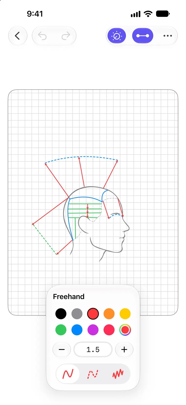 The freehand tool's settings in Headsheet, open over a diagram: color swatches, line width, and solid, dashed and zigzag line styles